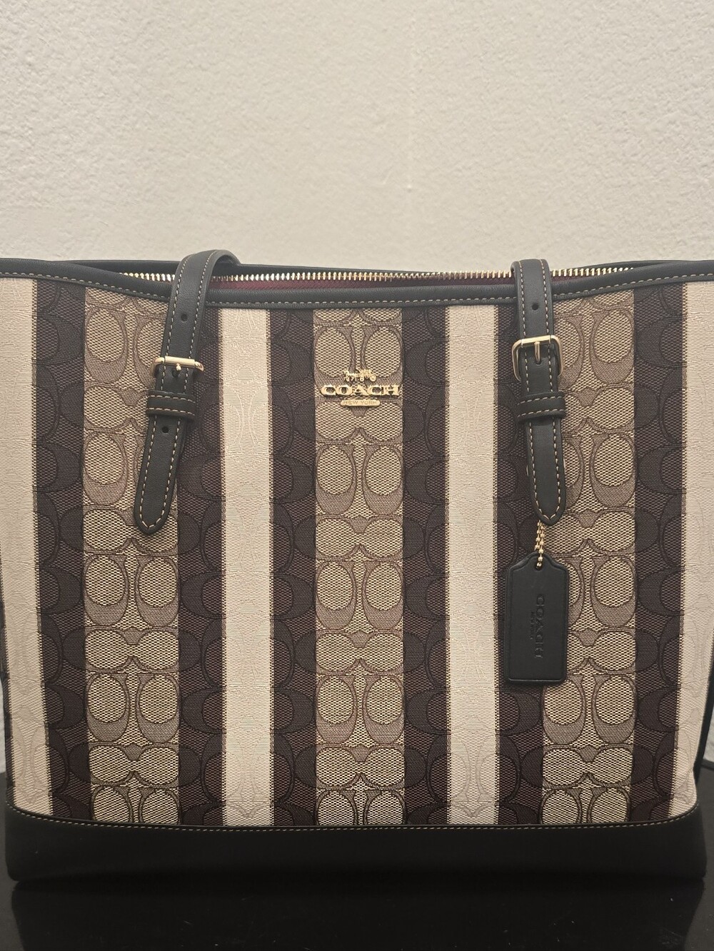 Coach Signature Canvas Tote with Black Trim and Red Interior